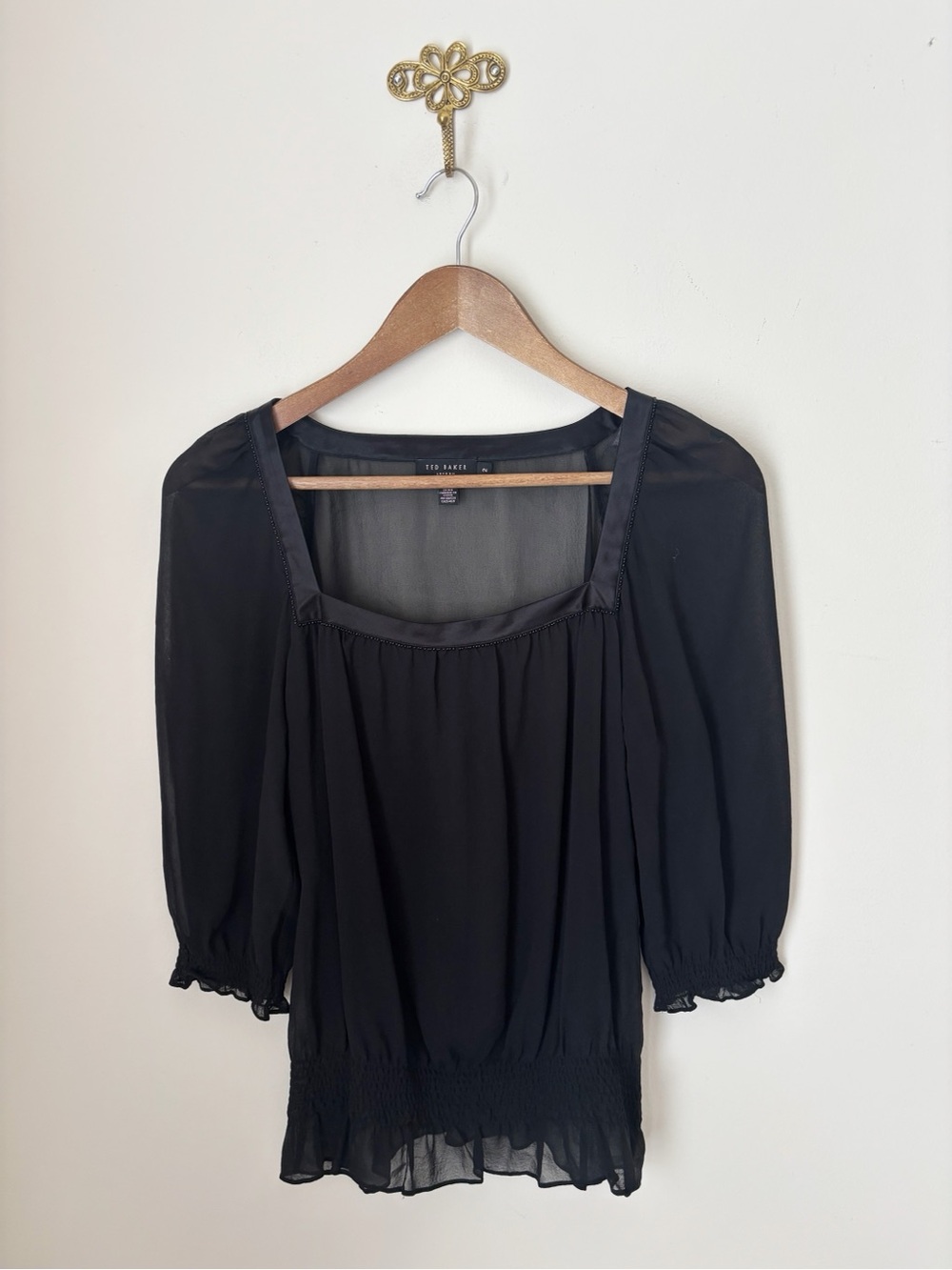 Ted Baker Black Sheer Silk Beaded Square Neck Blouse Sz 2 Medium